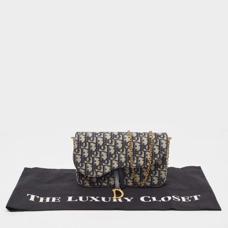 Pre Owned Dior Navy Blue/Beige Oblique Canvas Saddle Chain Pouch