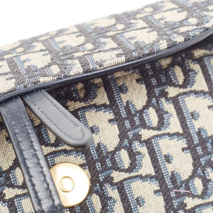Pre Owned Dior Navy Blue/Beige Oblique Canvas Saddle Chain Pouch