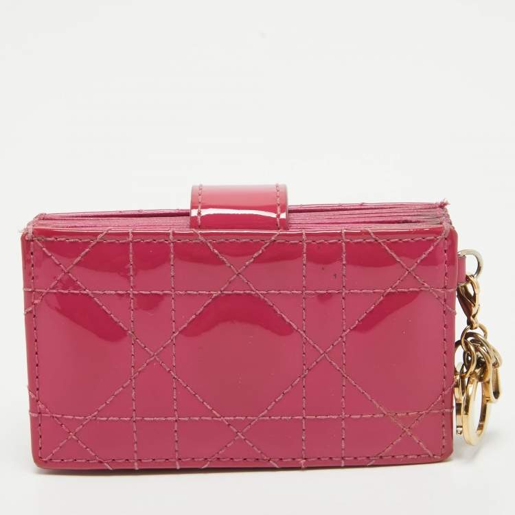 Pre Owned Dior Pink Cannage Patent Leather Lady Dior 5 Gusset Card Holder