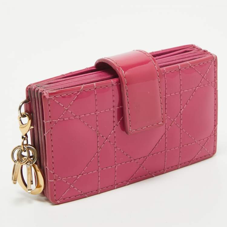 Pre Owned Dior Pink Cannage Patent Leather Lady Dior 5 Gusset Card Holder