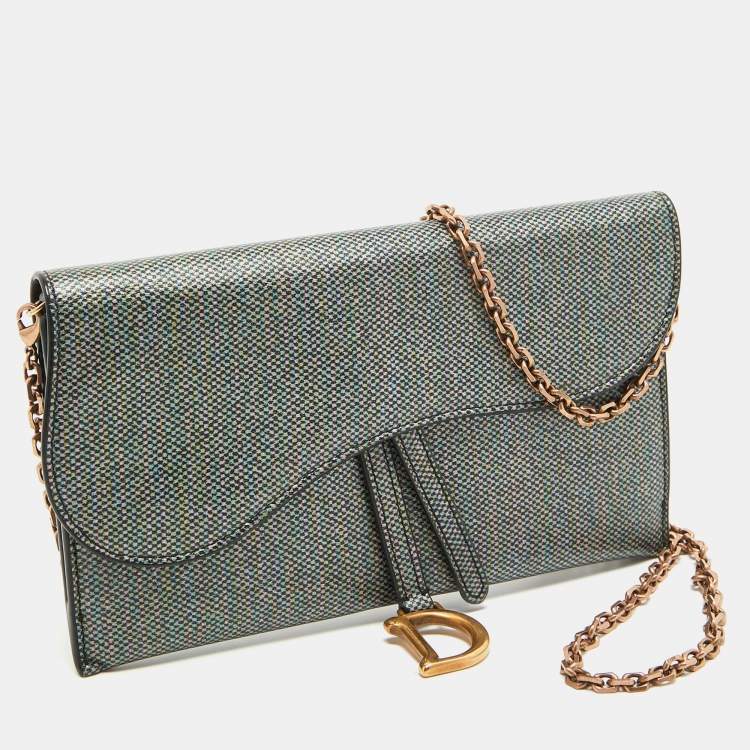 Pre Owned Dior Multicolor Printed Leather Saddle Wallet on Chain