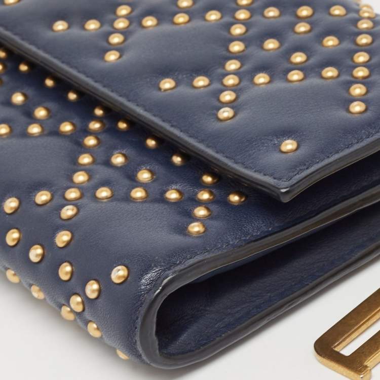 Pre Owned Dior Navy Blue Leather Studded Lady Dior Wallet on Chain