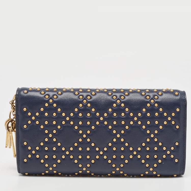 Pre Owned Dior Navy Blue Leather Studded Lady Dior Wallet on Chain