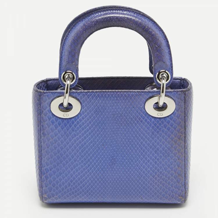 Pre Owned Dior Blue Snakeskin Mini Lady Dior Tote