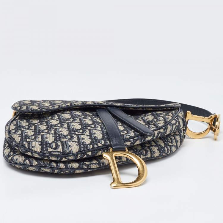Pre Owned Dior Blue Oblique Canvas and Leather Saddle Bag