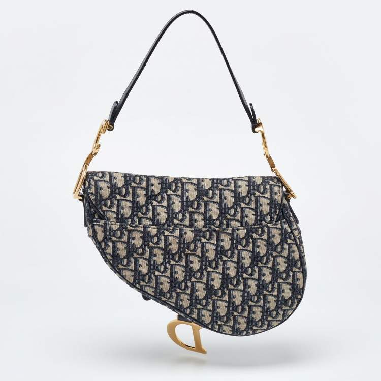 Pre Owned Dior Blue Oblique Canvas and Leather Saddle Bag