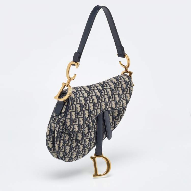 Pre Owned Dior Blue Oblique Canvas and Leather Saddle Bag