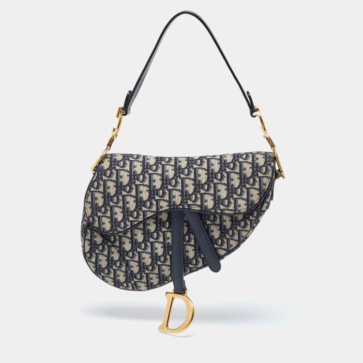 Pre Owned Dior Blue Oblique Canvas and Leather Saddle Bag