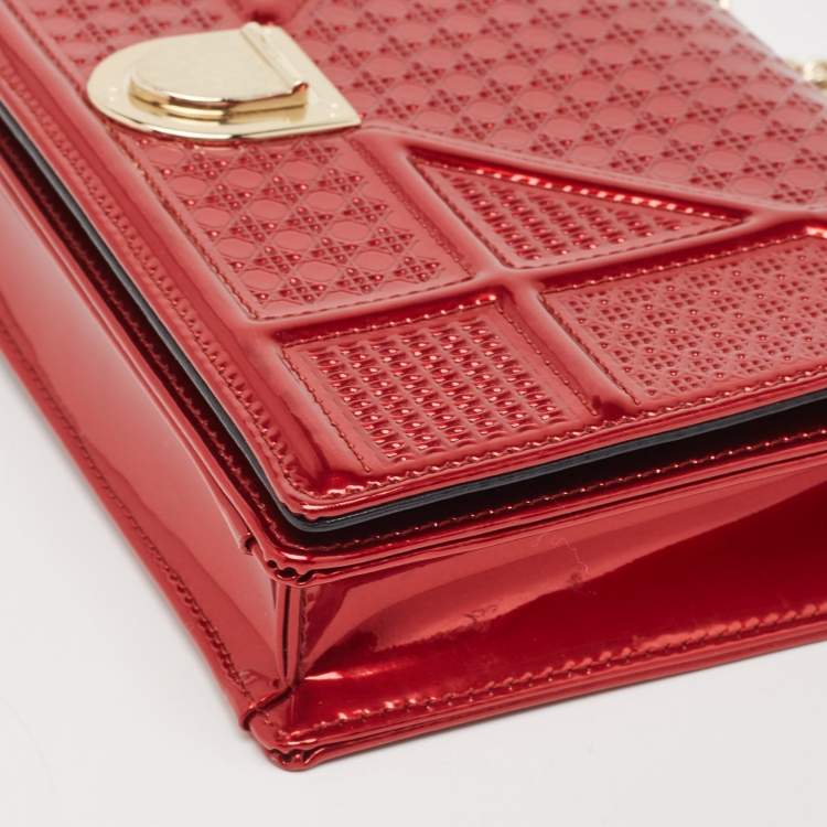 Pre Owned Dior Red Micro Cannage Patent Leather Diorama Wallet On Chain