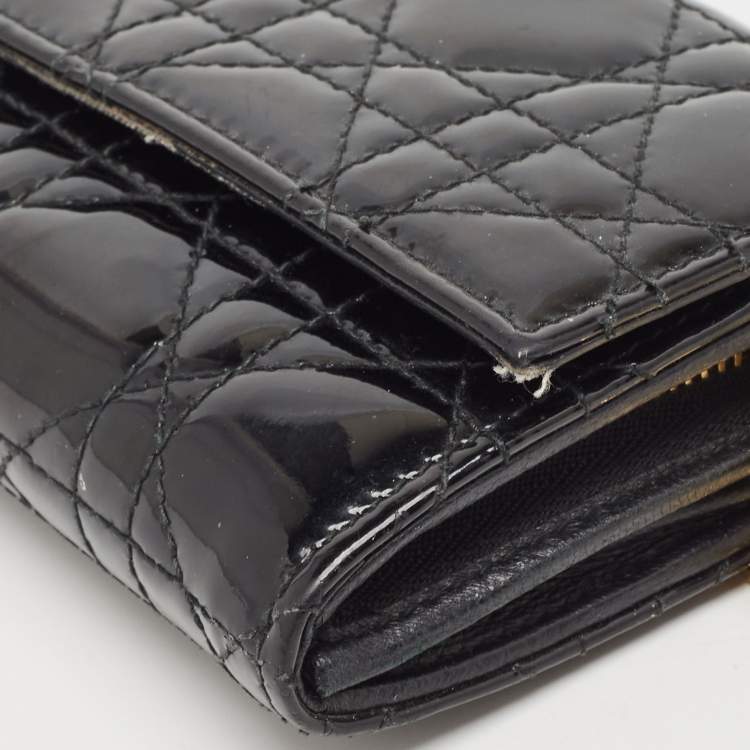 Pre Owned Dior Black Cannage Patent Leather Lady Dior Wallet on Chain