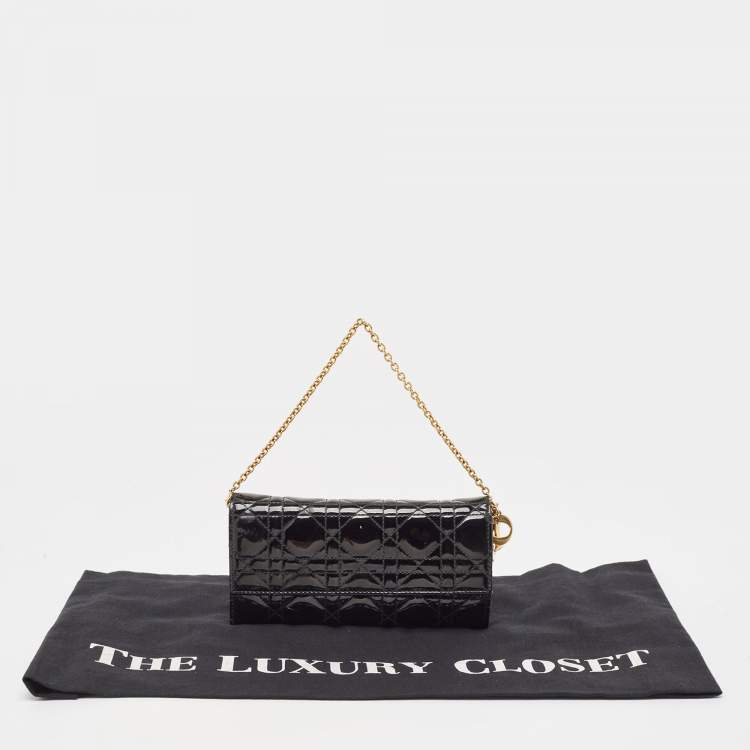 Pre Owned Dior Black Cannage Patent Leather Lady Dior Wallet on Chain
