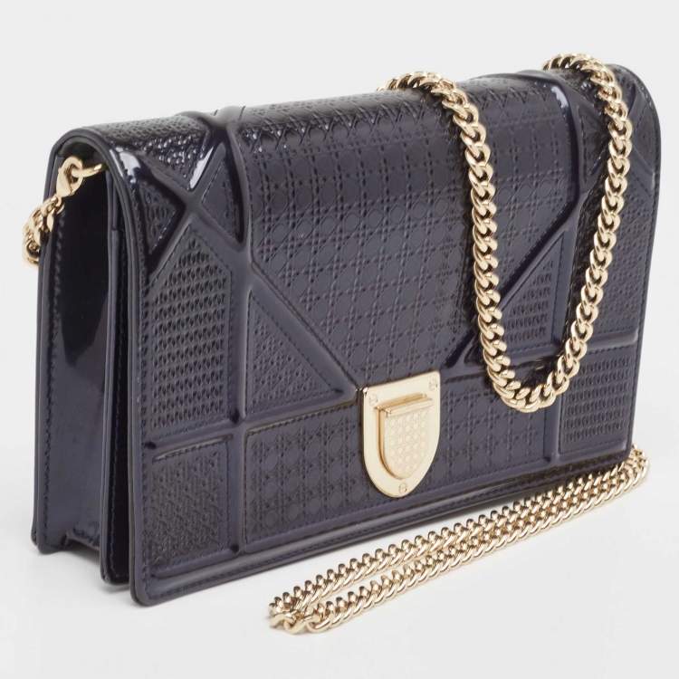 Pre Owned Dior Navy Blue Patent Leather Diorama Wallet on Chain