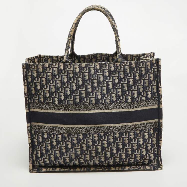 Pre Owned Dior Navy Blue Oblique Embroidered Canvas Large Book Tote