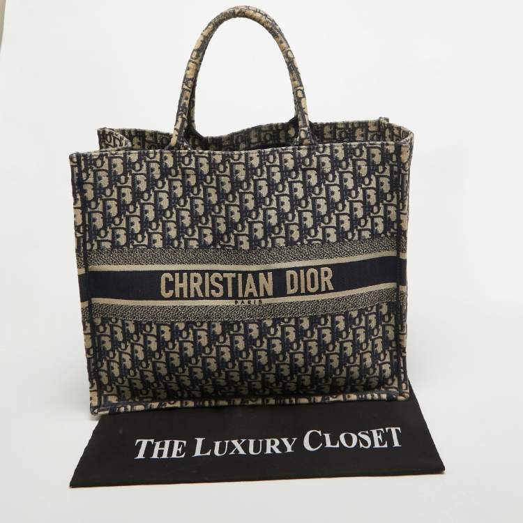 Pre Owned Dior Navy Blue Oblique Embroidered Canvas Large Book Tote
