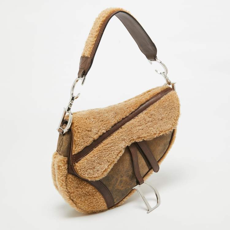 Pre Owned Dior Beige/Brown Shearling and Leather Saddle Bag