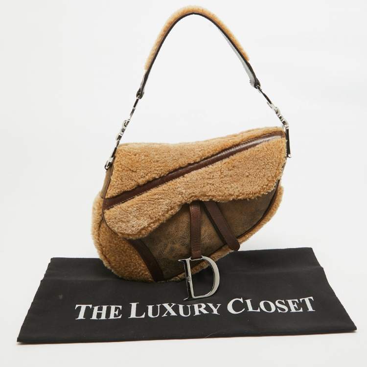 Pre Owned Dior Beige/Brown Shearling and Leather Saddle Bag