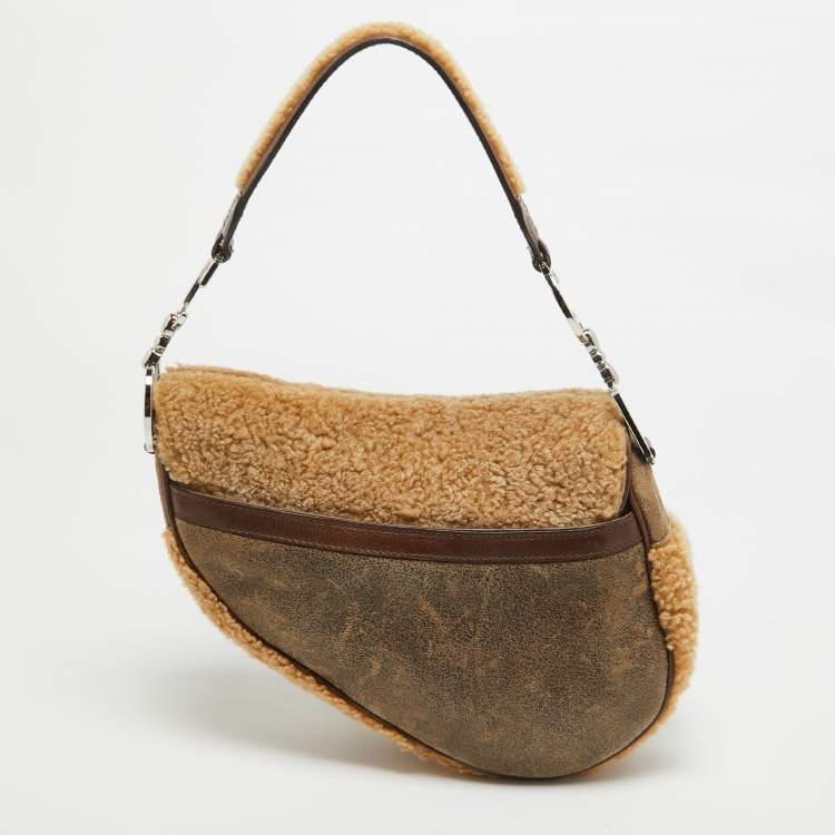 Pre Owned Dior Beige/Brown Shearling and Leather Saddle Bag