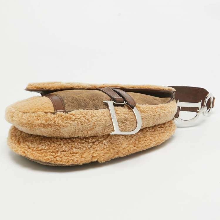 Pre Owned Dior Beige/Brown Shearling and Leather Saddle Bag