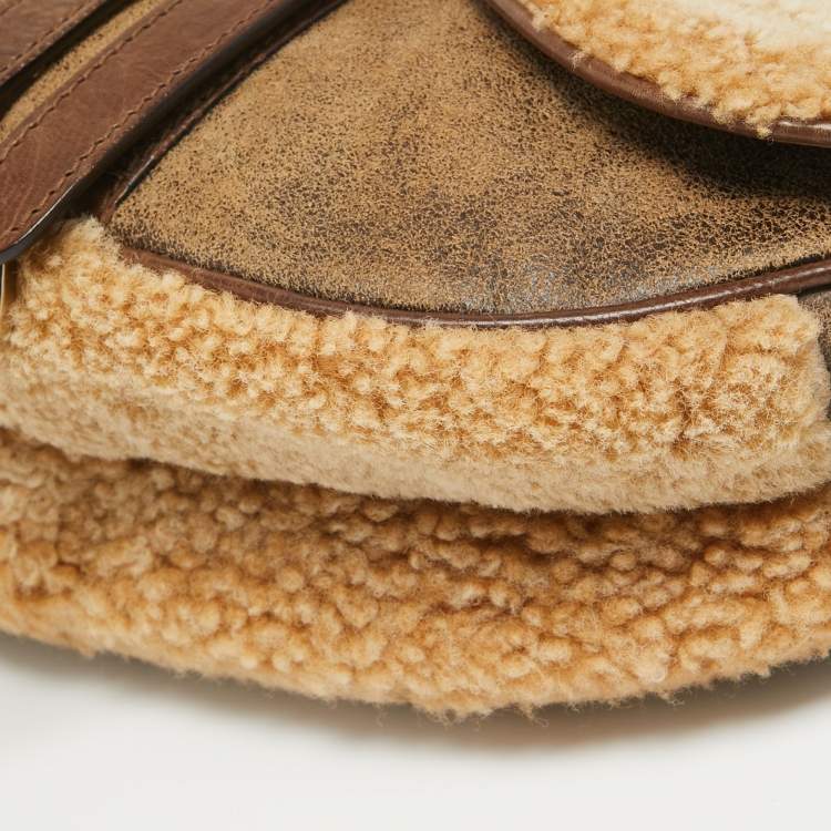 Pre Owned Dior Beige/Brown Shearling and Leather Saddle Bag