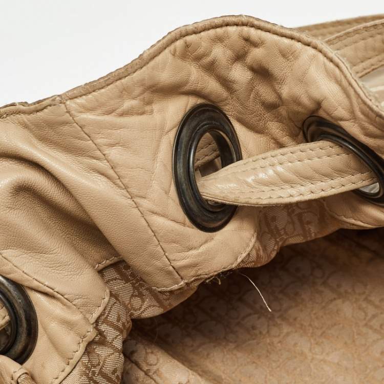 Pre Owned Dior Beige Cannage Nylon and Leather Drawstring Bag