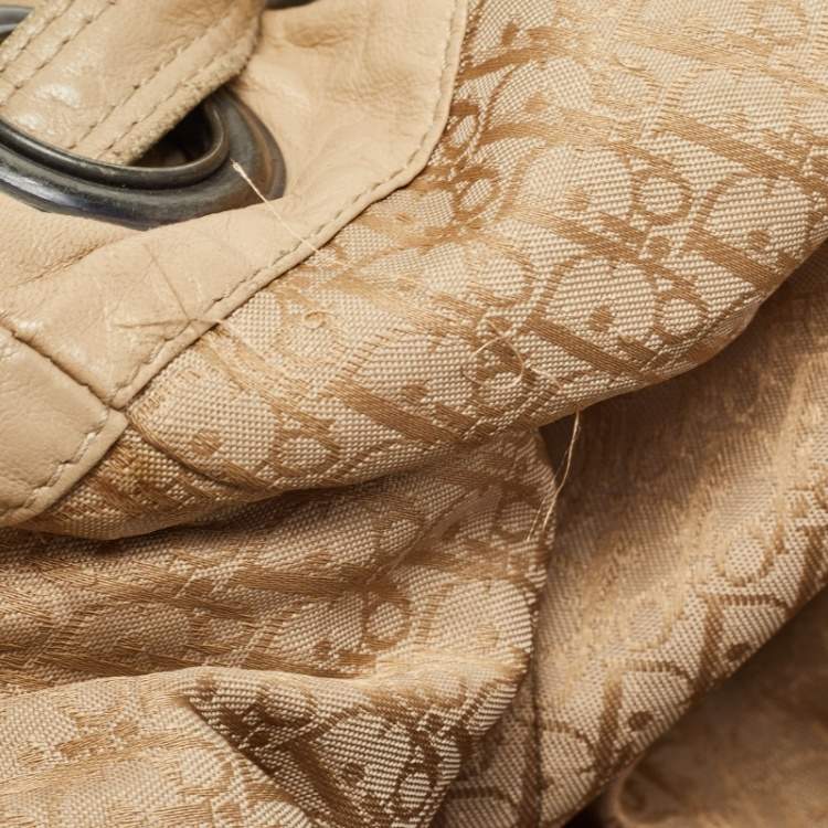Pre Owned Dior Beige Cannage Nylon and Leather Drawstring Bag