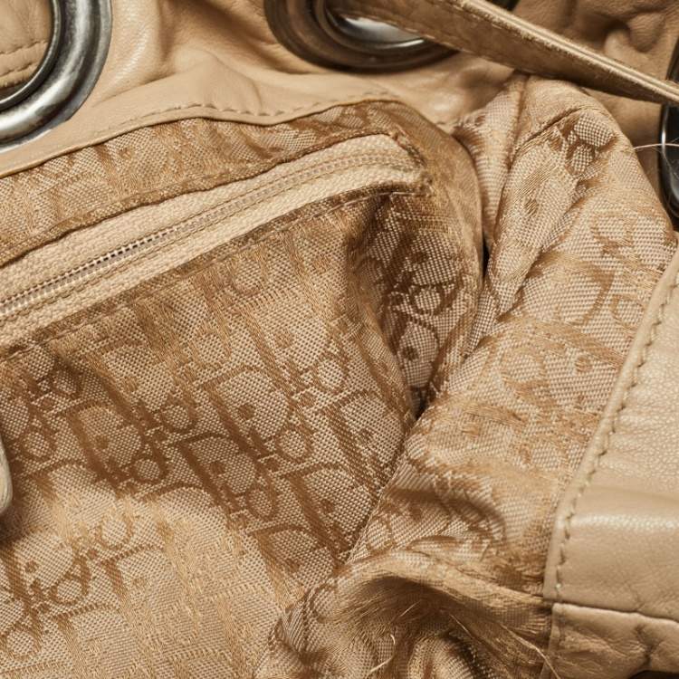 Pre Owned Dior Beige Cannage Nylon and Leather Drawstring Bag