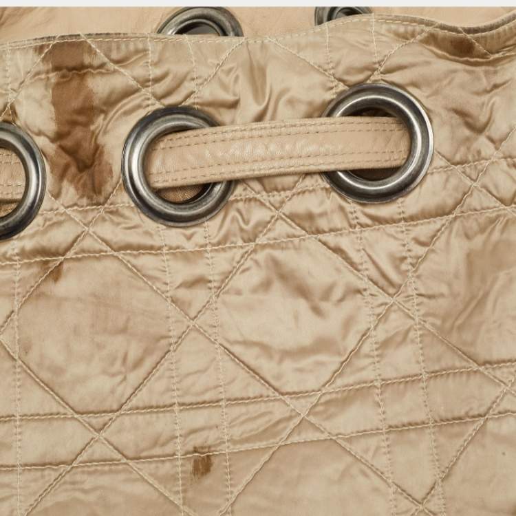 Pre Owned Dior Beige Cannage Nylon and Leather Drawstring Bag