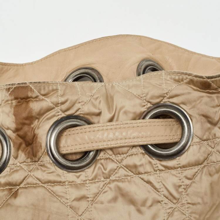 Pre Owned Dior Beige Cannage Nylon and Leather Drawstring Bag