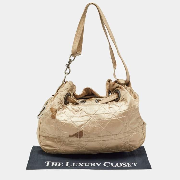 Pre Owned Dior Beige Cannage Nylon and Leather Drawstring Bag