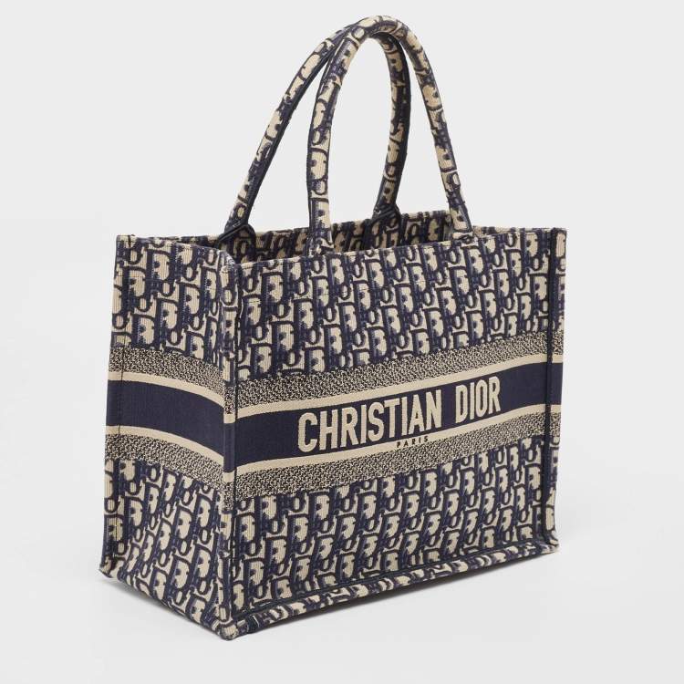 Pre Owned Dior Navy Blue Oblique Embroidered Canvas Medium Book Tote
