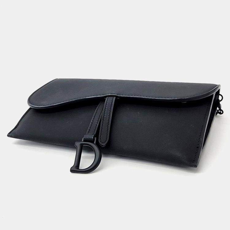 Pre Owned Dior Black Ultra-matte Leather Saddle Chain Wallet