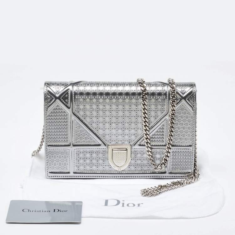 Pre Owned Dior SIlver Micro Cannage Patent Leather Diorama Wallet On Chain