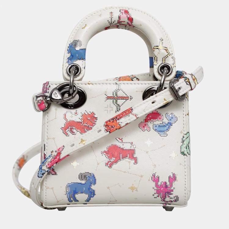 Pre Owned Dior White Leather Zodiac Pixel Micro Lady Dior Tote Bag