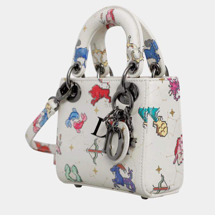 Pre Owned Dior White Leather Zodiac Pixel Micro Lady Dior Tote Bag