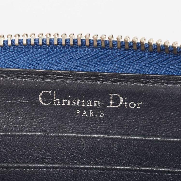 Pre Owned Dior Blue Micro Cannage Patent Leather Diorama Zip Around Wallet