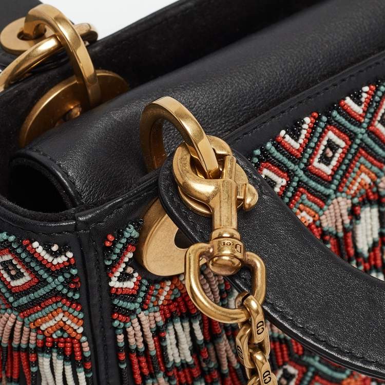 Pre Owned Dior Black/Multicolor Leather Beaded Fringe Mini Lady Dior Tote
