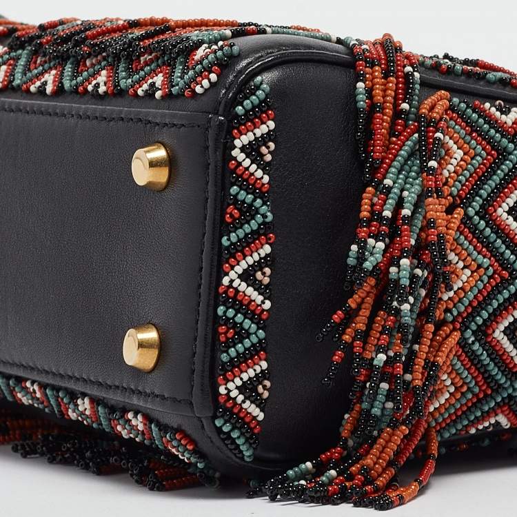 Pre Owned Dior Black/Multicolor Leather Beaded Fringe Mini Lady Dior Tote