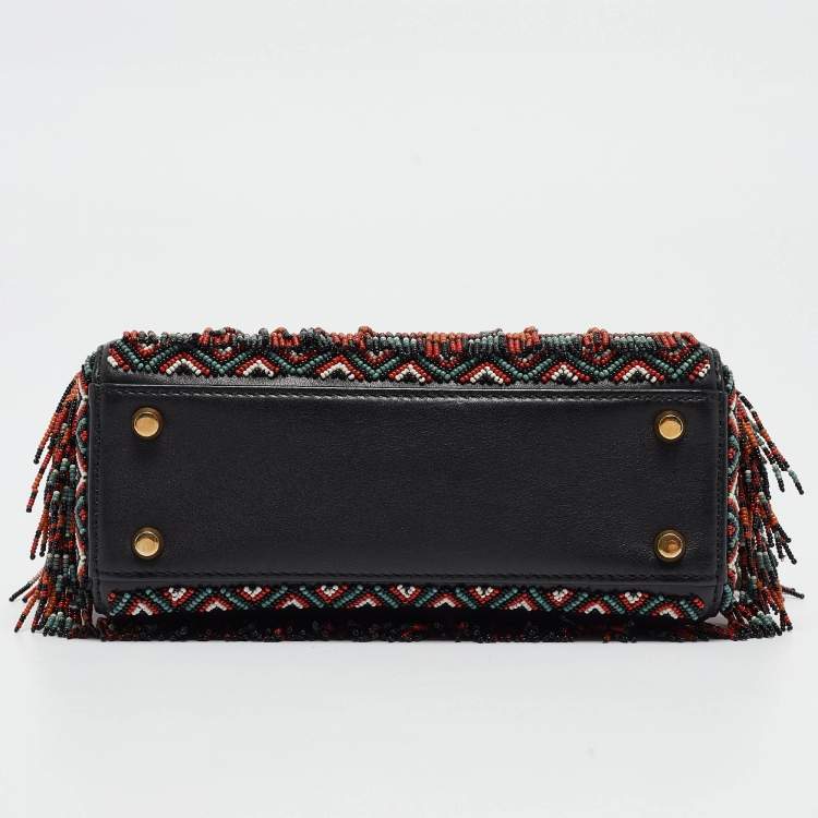 Pre Owned Dior Black/Multicolor Leather Beaded Fringe Mini Lady Dior Tote