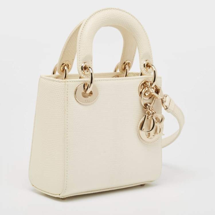 Pre Owned Dior Off White Lizard Mini Lady Dior Tote