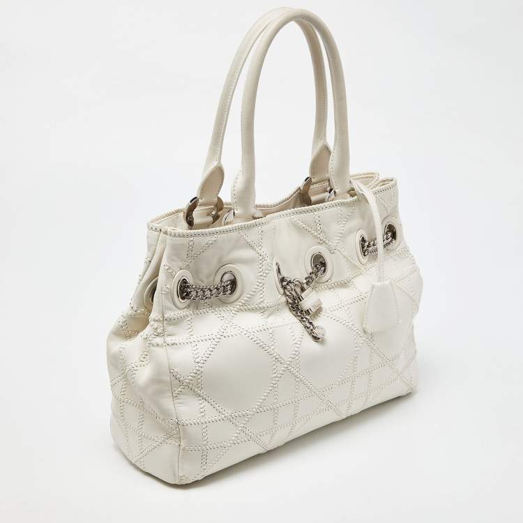 Pre Owned Dior White Cannage Leather Chri Chri Chain Tote