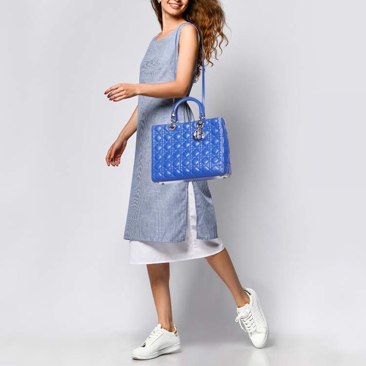 Pre Owned Dior Blue Cannage Leather Large Lady Dior Tote