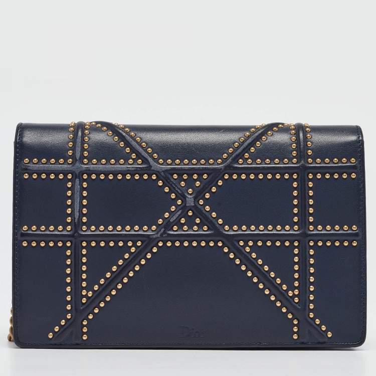 Pre Owned Dior Navy Blue Leather Studded Diorama Wallet on Chain