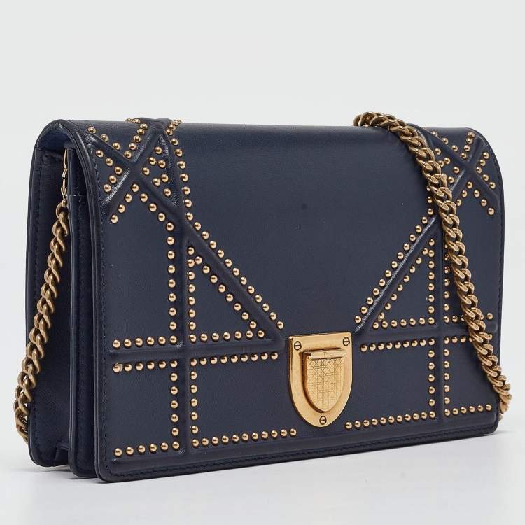 Pre Owned Dior Navy Blue Leather Studded Diorama Wallet on Chain