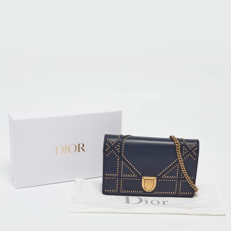 Pre Owned Dior Navy Blue Leather Studded Diorama Wallet on Chain
