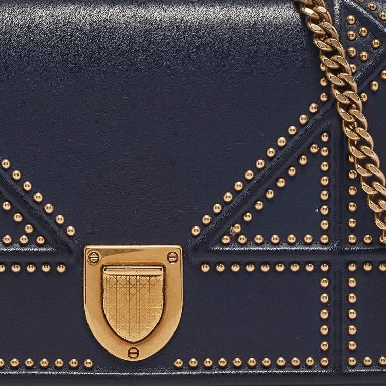 Pre Owned Dior Navy Blue Leather Studded Diorama Wallet on Chain