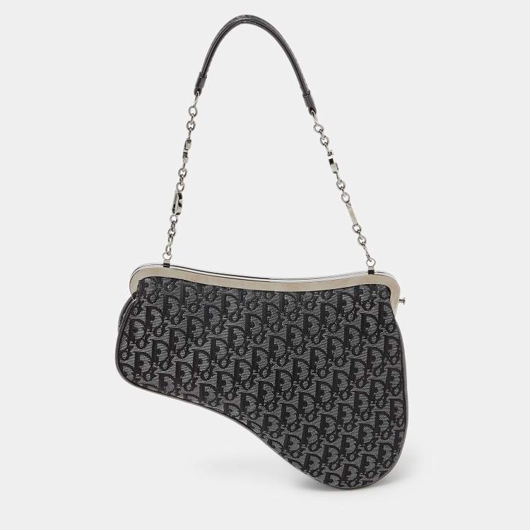 Pre Owned Dior Metallic/Grey Lurex Fabric and Leather Vintage Saddle Frame Pochette