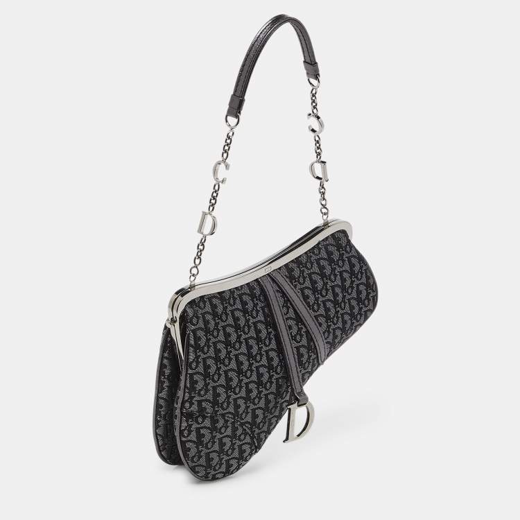 Pre Owned Dior Metallic/Grey Lurex Fabric and Leather Vintage Saddle Frame Pochette