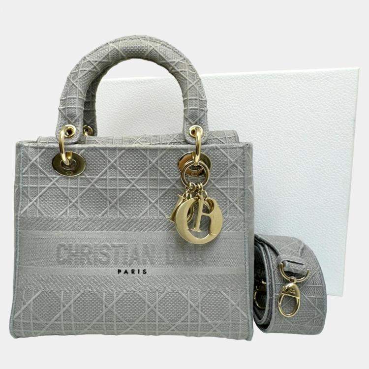 Pre Owned Dior Grey Canvas Medium Cannage Lady D-Lite Tote Bag
