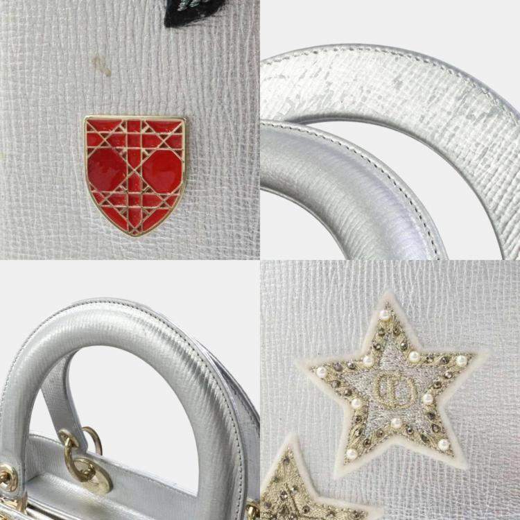 Pre Owned Dior Metallic Silver Leather Medium Lady Dior Tote Bag
