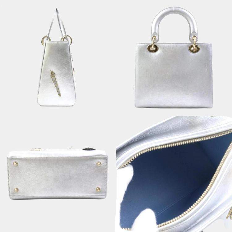 Pre Owned Dior Metallic Silver Leather Medium Lady Dior Tote Bag